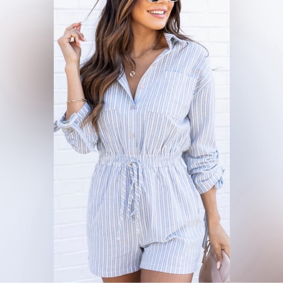 Pink Lily Blue Striped Romper with Collar - Picture 3 of 9
